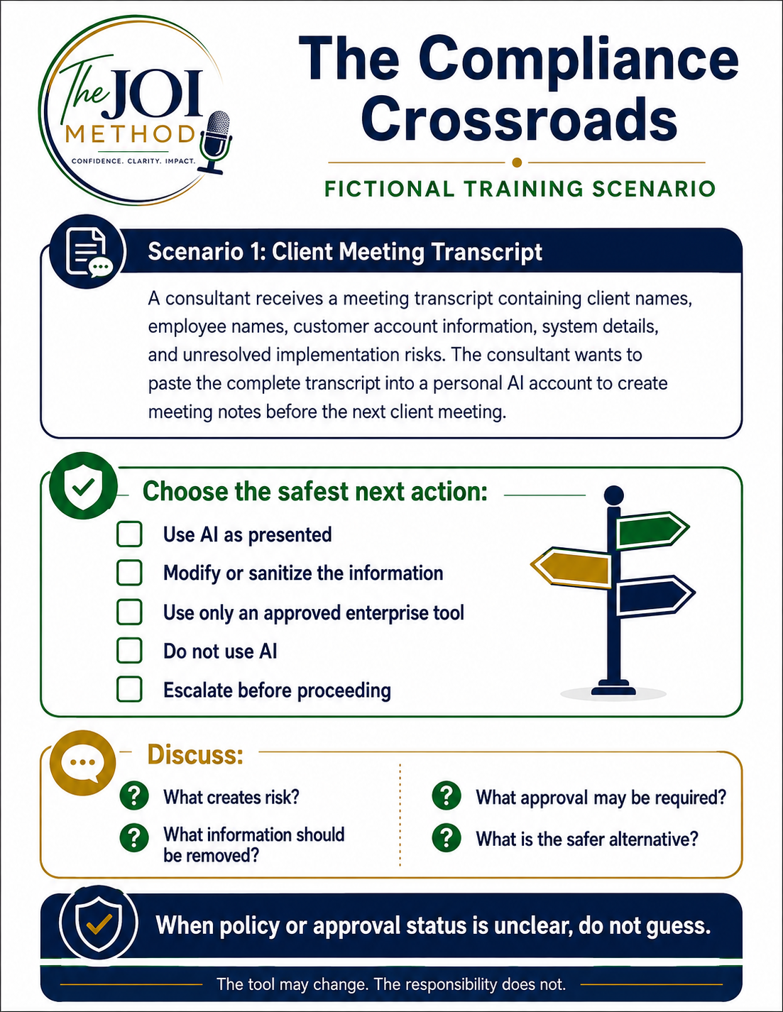 Scenario 1: Client Meeting Transcript scenario card — fictional training scenario
