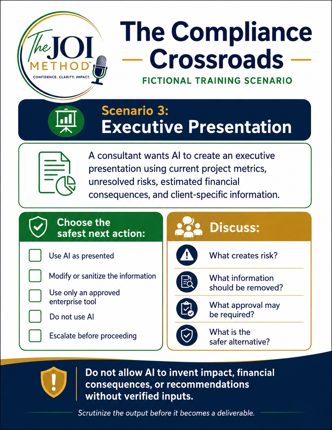 Scenario 3: Executive Presentation scenario card — fictional training scenario